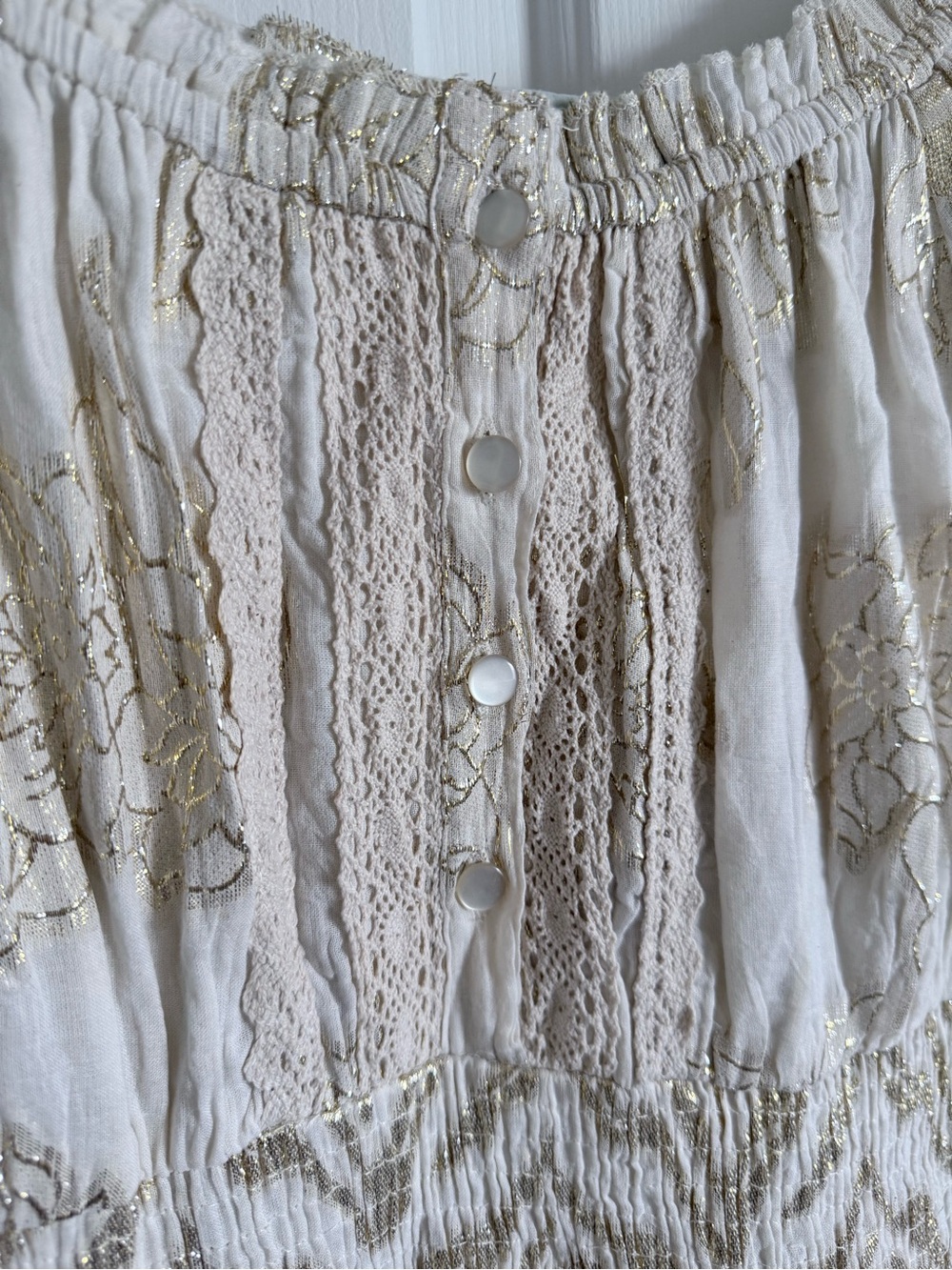 NWT Stunning Shimmery Cream and Gold Lace Metallic Embroidered Boho Midi Dress - Picture 3 of 15